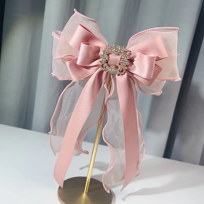 

Korean Gauze Ribbon Black Oversized Bow Tie Handmade Women's Lolita Pin Brooch Accessories 23*17cm Rhinestones Collar Flower