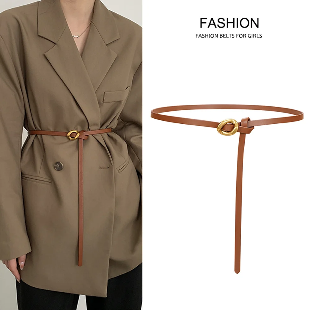 Leather thin waist belt accessory with dress waist suit versatile retro genuine leather small waist belt chain buckle