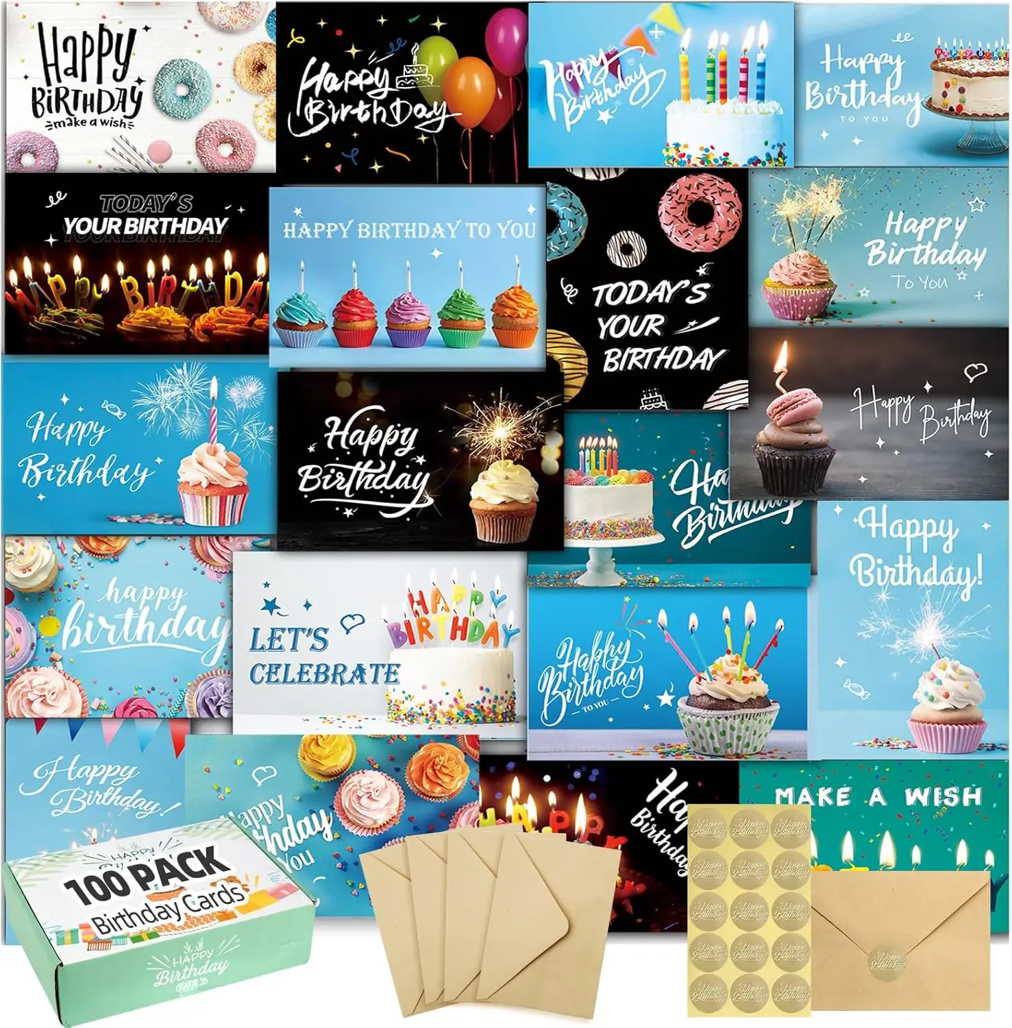 

100 Birthday Cards with Envelopes 20 Unique Designs Bulk Assorted 4x6 Inches for Business Office Personal