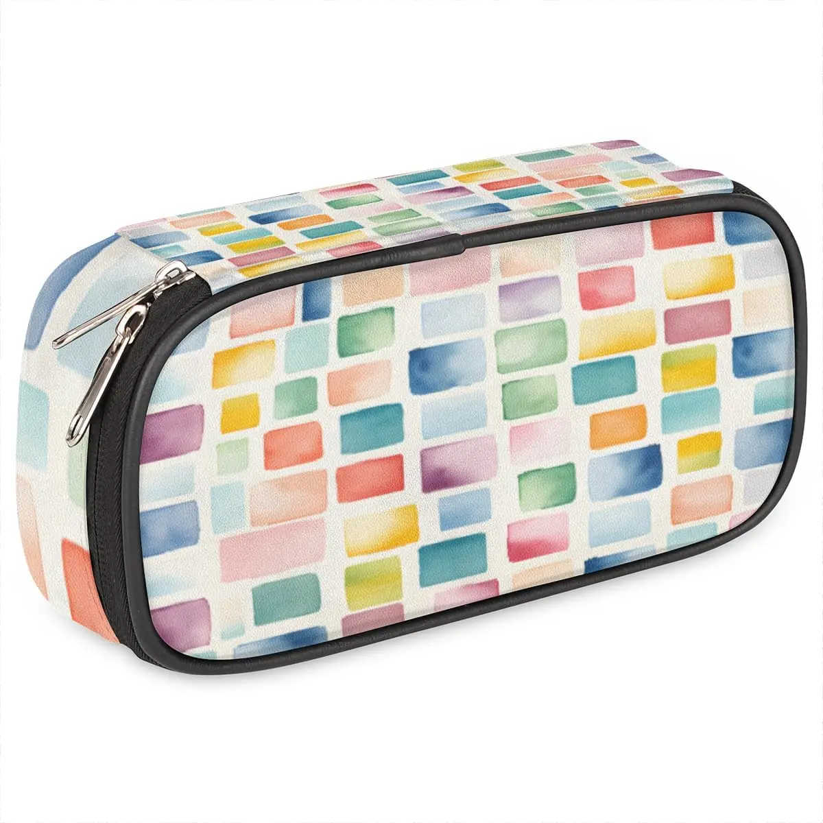 Colorful Blocking Texture Leather Pencil Case Pen Holder Large Capacity Stationery Organizer Pencil Bag for Boys Girls Geometric