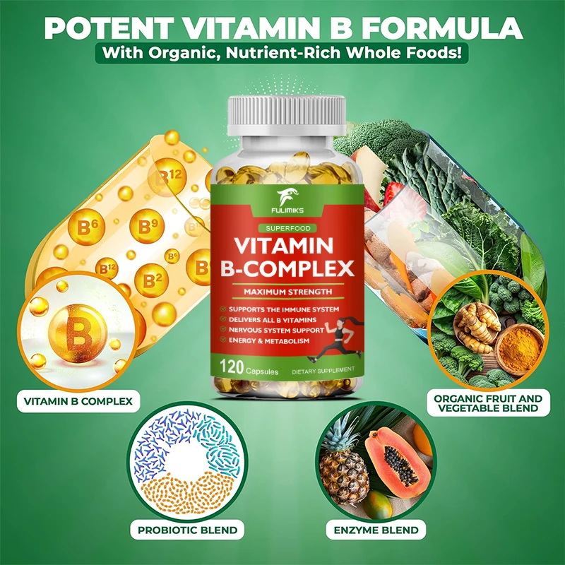 مكملات فيتامين B-complex (B12 B1 B2 B3 B5 B6 B9 حمض الفوليك والبيوتين) لتخفيف التوتر والمزاج وكبسولة دعم الجهاز المناعي