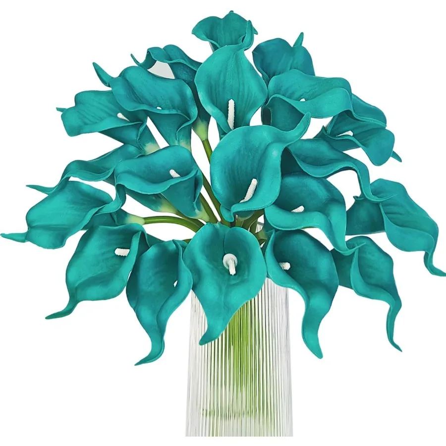 

Wedding and home decoration: teal faux calla lilies, 20 pcs bouquet, silk-like texture, vibrant color retention, lifelike stems