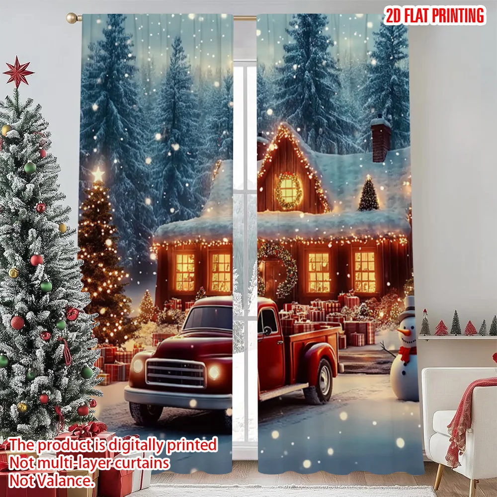 2pcs 2D flat printing Merry Christmas Scene Curtains Christmas Winter Lodge Versatile 100% Polyester Without Electricity Spring