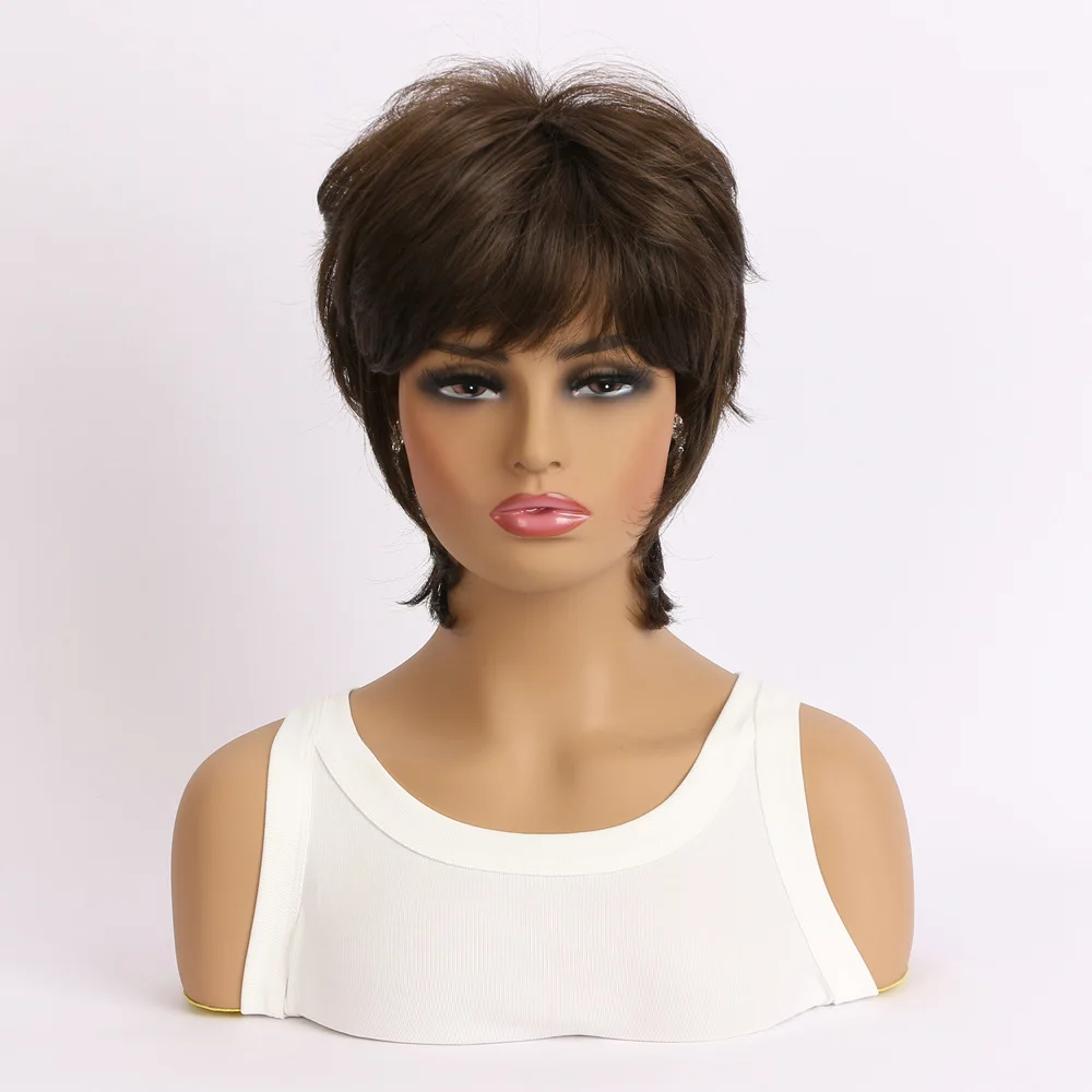 Womens Fashion Party Casual Synthetic Wigs Natural Grey & Brown Short Hair Fluffy Curly Wavy Wig Mommy Head Wigs