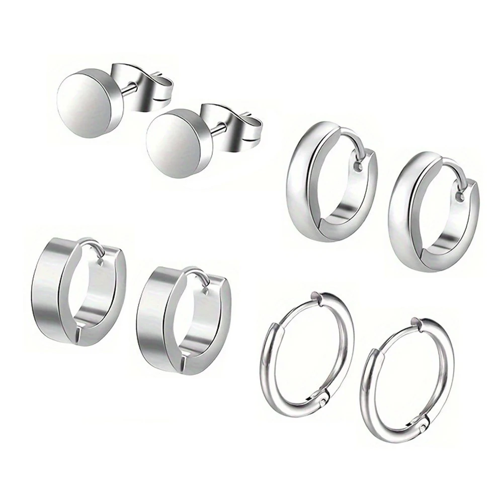 Stylish Men's 4-Pair Earring Set - Black Stainless Steel Studs & Hoops, Durable, Versatile & Allergy-Free