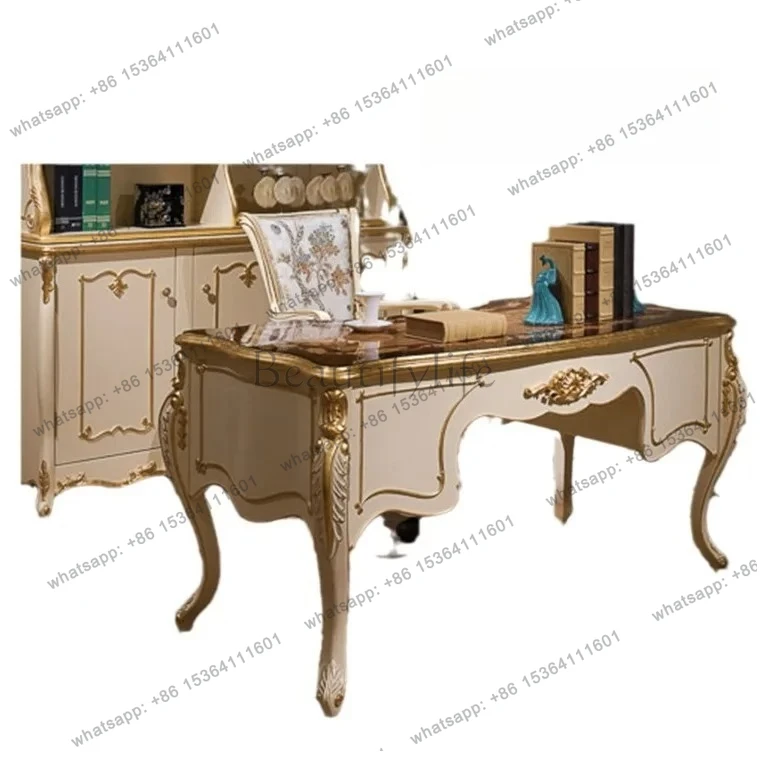 European solid wood carving flower study combination furniture neoclassical writing desk gold desk