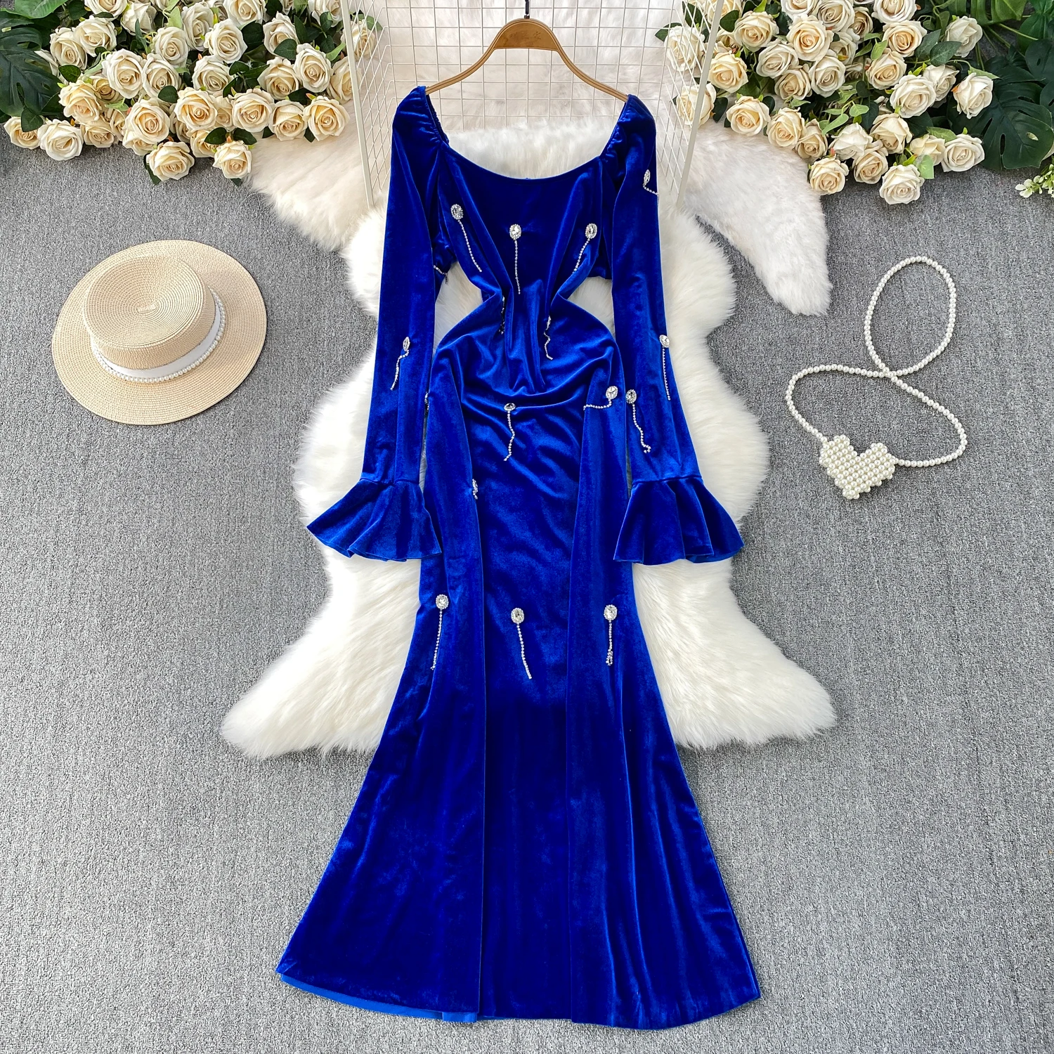 أنيقة خمر مضيئة الأكمام تقسم طويلة الأكمام أنيقة الجنية الكورية أزياء الخريف فستان الشمس النساء الملابس