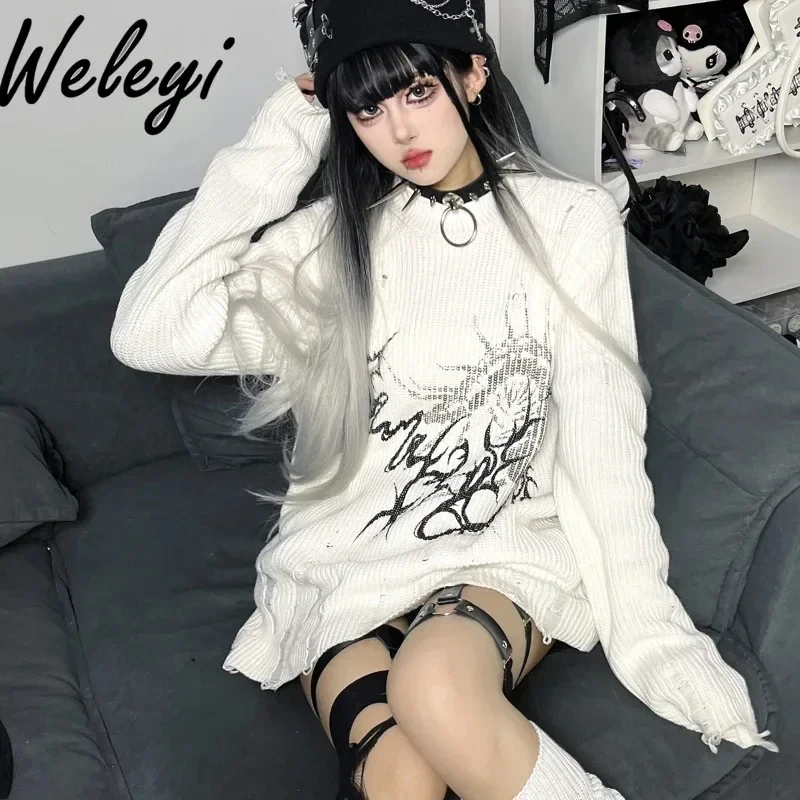 Kawaii Y2k Neutral Knit Sweaters Sweet 2024 Autumn and Winter Wild Sub Culture Fashion Brand Streetwear Loose Hole Pullovers Top