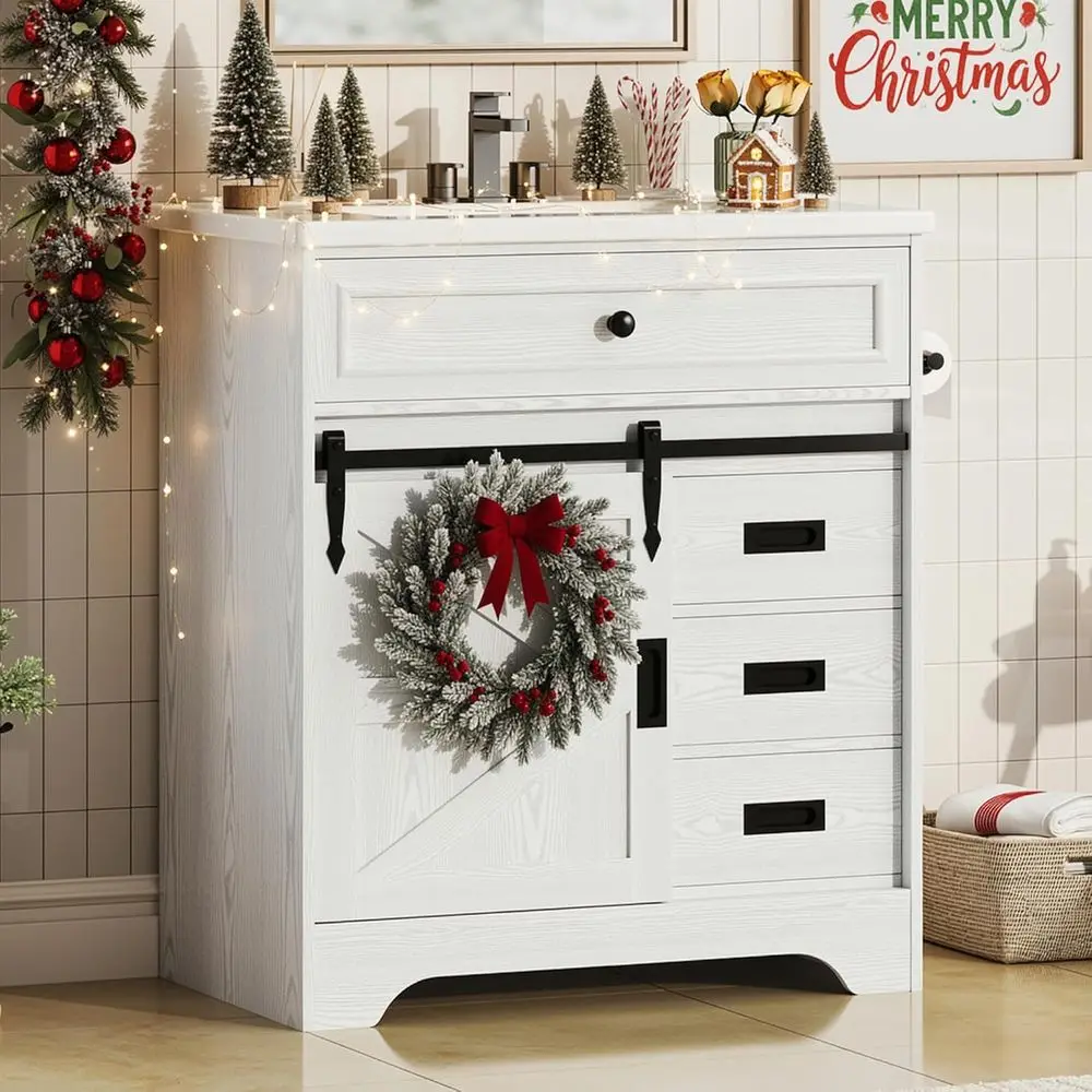 

30" Bathroom Vanity with Sink, Farmhouse Bathroom Sink Cabinet with Flip Drawer & Sliding Barn Door, Freestanding Bathroom Vanit