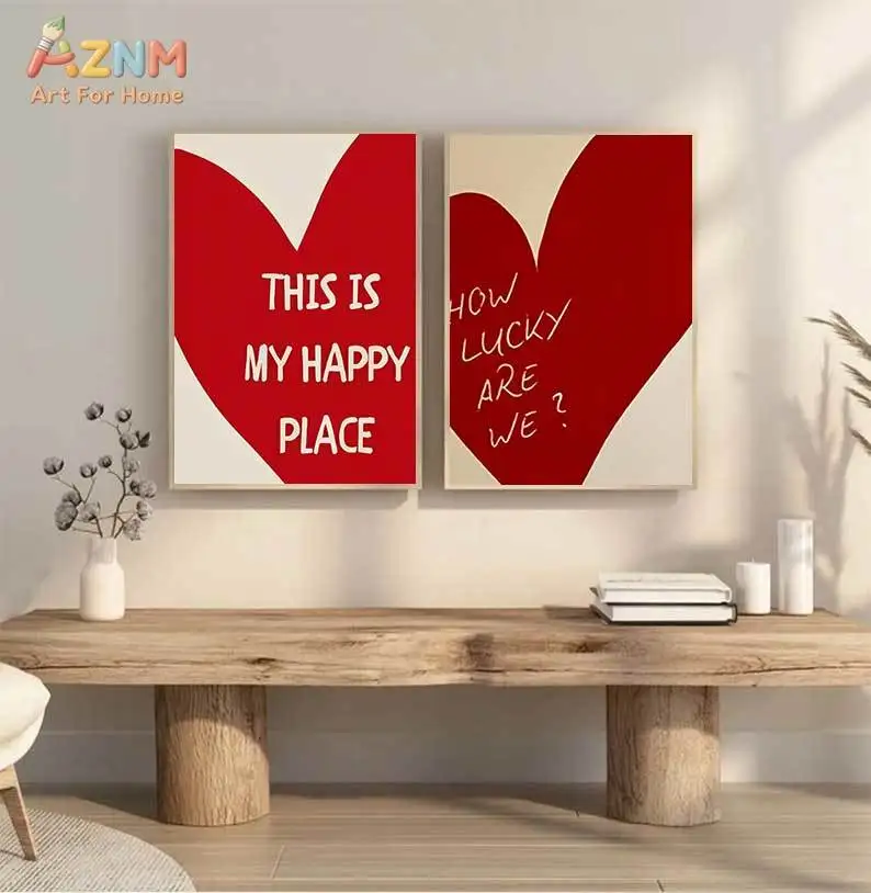 AZNM Romantic Red Heart Canvas Wall Art This Is My Happy Place How Lucky Are We Sweet Text Print Neutral Beige Background Couple