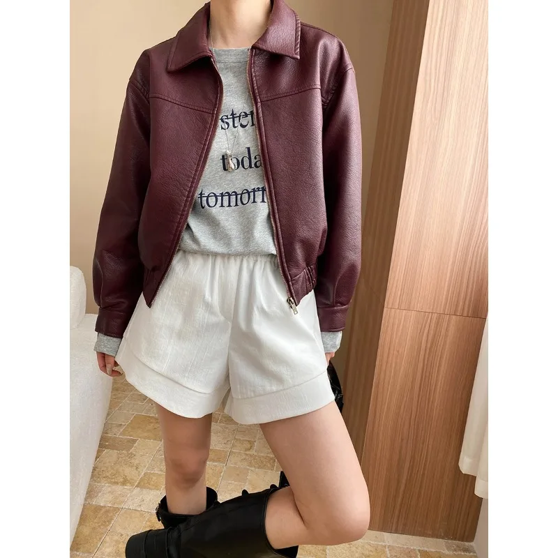 Portés américain Sle PU cuir Jaet début du printemps nouveauté petite taille manteau en cuir col rabattu Vintage SN748