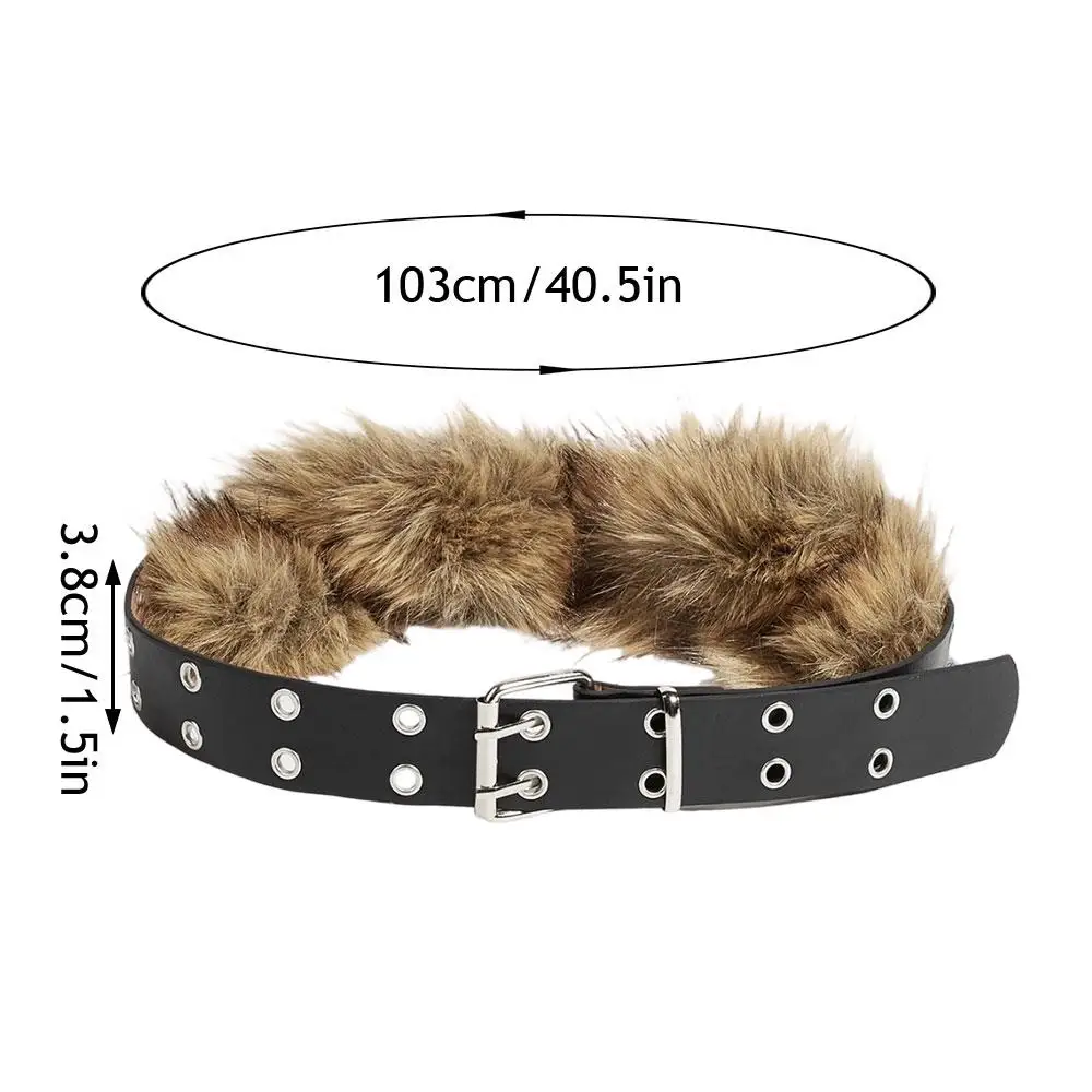 Fur belt furry wide vintage style furry faux belt elegant cute tie y2k style Punk Faux Fur Belts Y2K Vintage PU Studded Furry Patchwork  main image 4