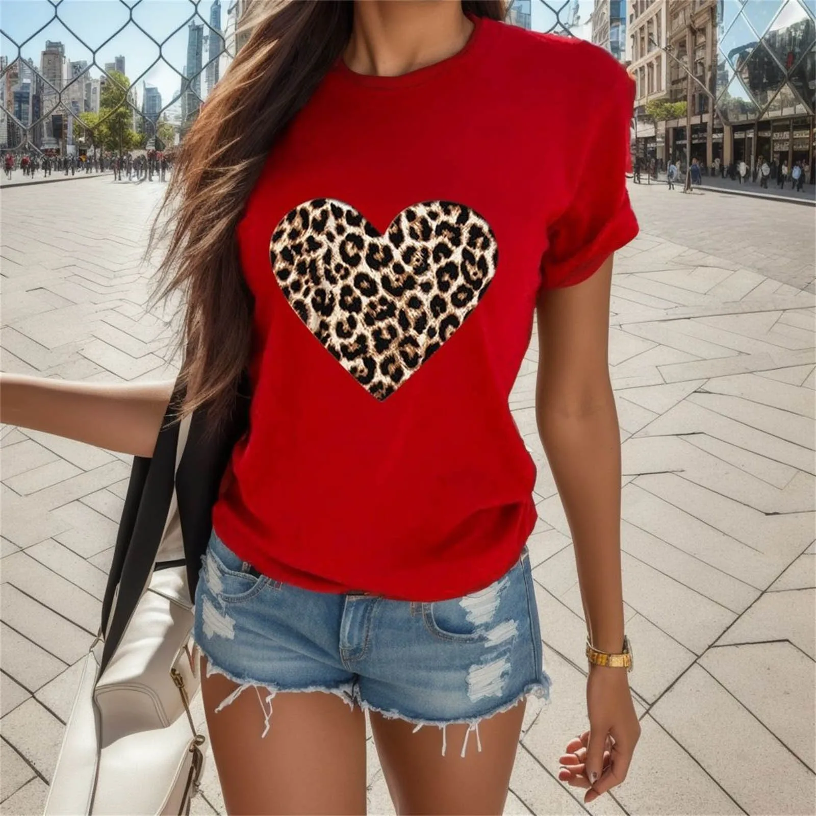 

Leopard Love Print Valentine T-Shirt Women Short Sleeve Round Neck Loose T Shirt Summer Y2k Vintage Streetwear Female Tee Shirts