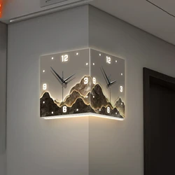 Simple Corner Clock Mural Lamp No Hole LED Double-sided Corner Hanging Clock Nordic Style Living Room Wall Decoration Clocks