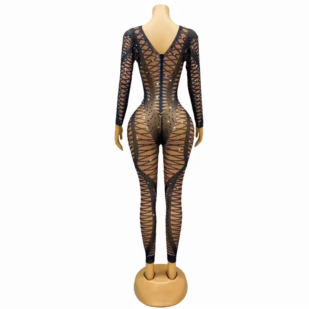 Sexy Stage Black Rhinestones Mesh Transparent Leggings New Design Evening Birthday Celebrate Bodysuit Performance Jumpsuit