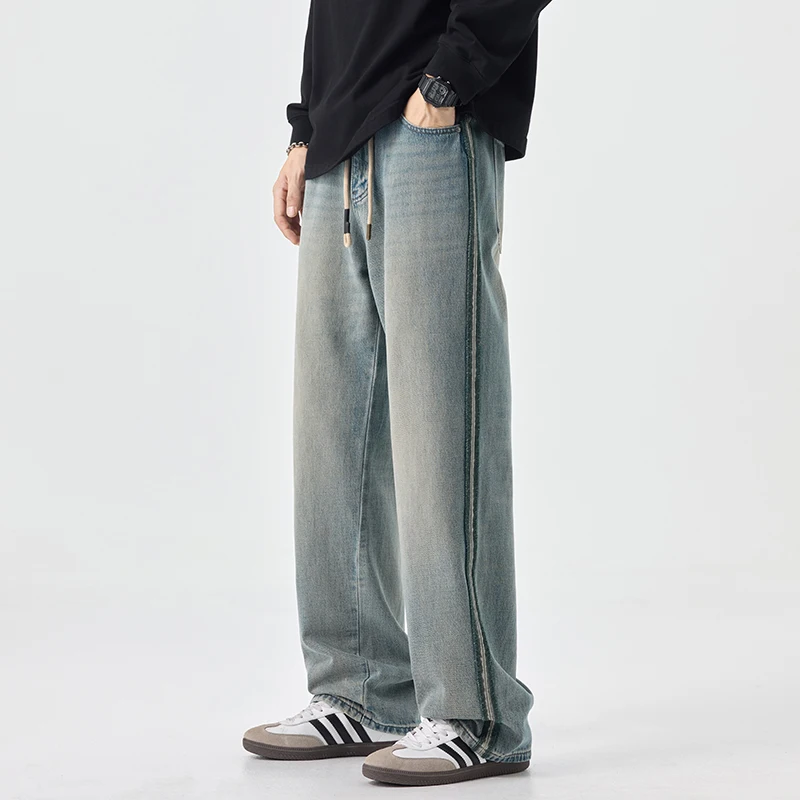 

100% Cotton Fashion Men's Elastic Waist Straight Jeans 2025 Autumn New Washed Drawstring Style Loose Casual Denim Trousers