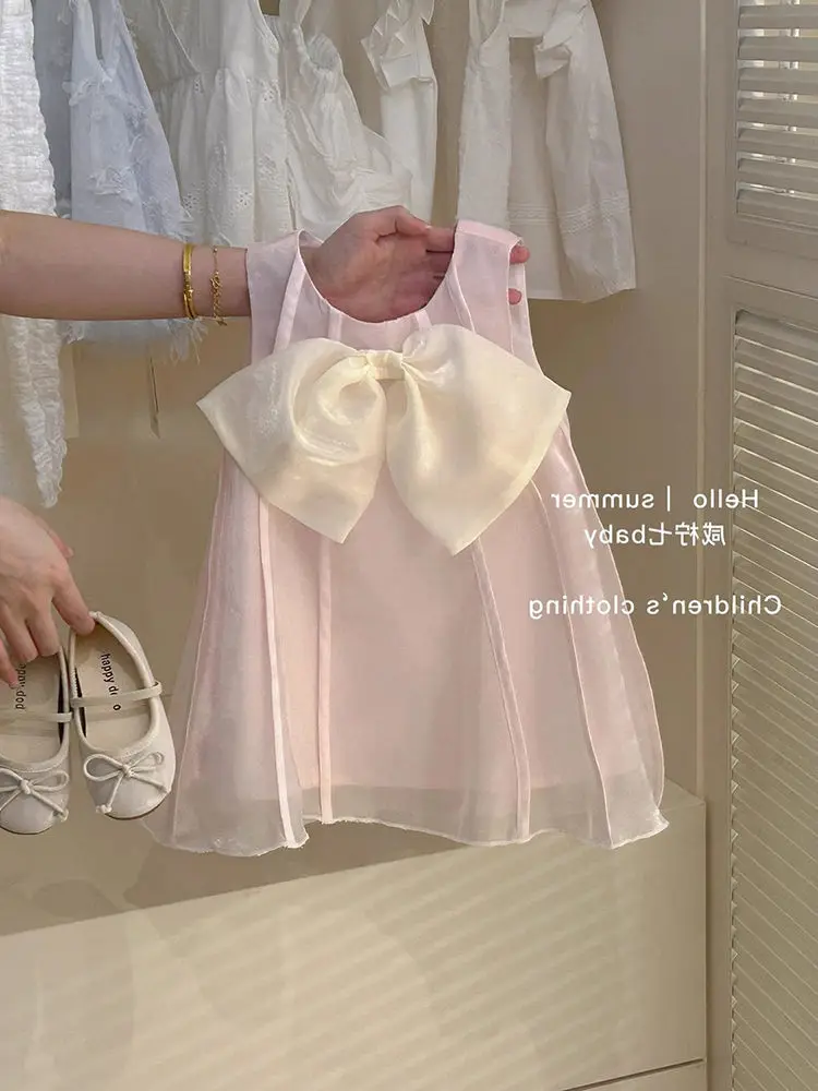 

Юбка для девочек, новинка лета 2024, детская одежда, корейский стиль, детский сетчатый сарафан с розовым бантом для девочек, повседневный простой повседневный сарафан