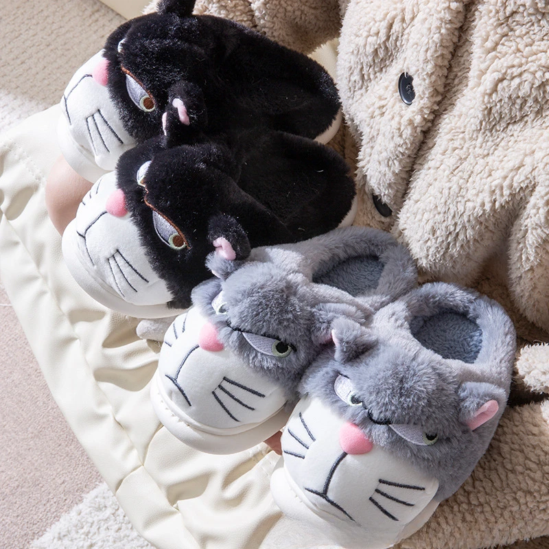 Disney Lucifer cartoon winter plush warm cotton slippers female cute cat breathable thick bottom non-slip couple home slippers