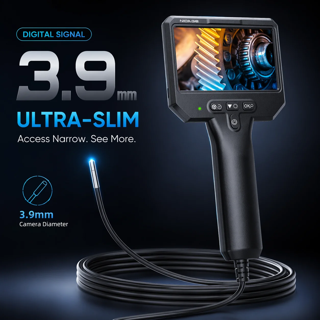 3.9mm Ultra Thin Borescope with Screen for Tight Space Inspection & Precision Repair with 4.3inches  Semi-Rigid Cables