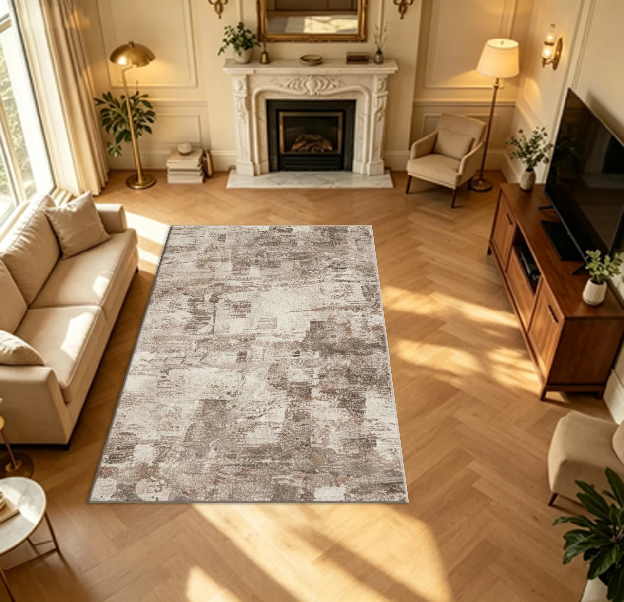 Neutral Beige Brown Abstract Pattern Carpet Floor Modern Distressed Non-Slip Carpet Suitable for Living Room Bedroom Home Decoration