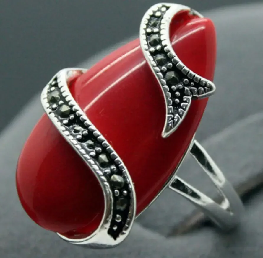 Fine jewelry   NEW 10X20mm Red Carved Lacquer Marcasite Tibetan Silver Lady Ring 7-10