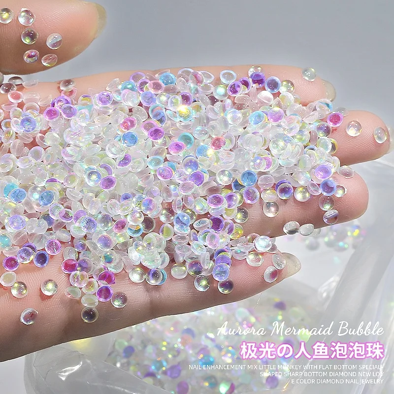 100PCS Glitter Aurora Pink Clear Flatback Mermaid Bead Semi-ball Bubble Nail Art Rhinestones Jewel Decorations Manicure Charms