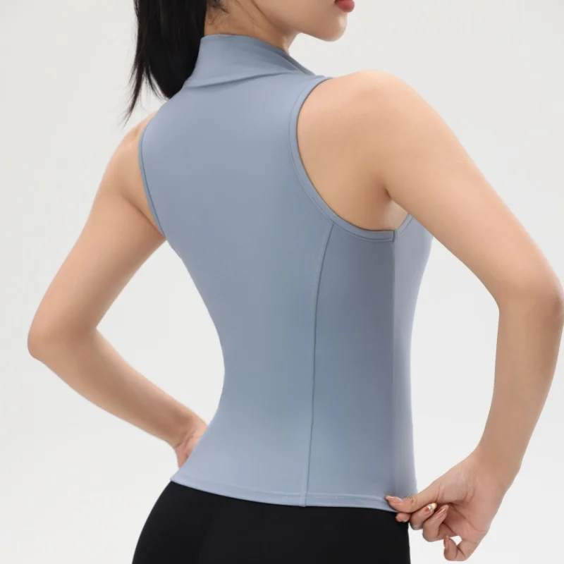 Women's Sleeveless Shockproof Yoga Top with Stand-up Collar Zippered Compression Vest No Padding Fitness Gym Sports T-Shirt
