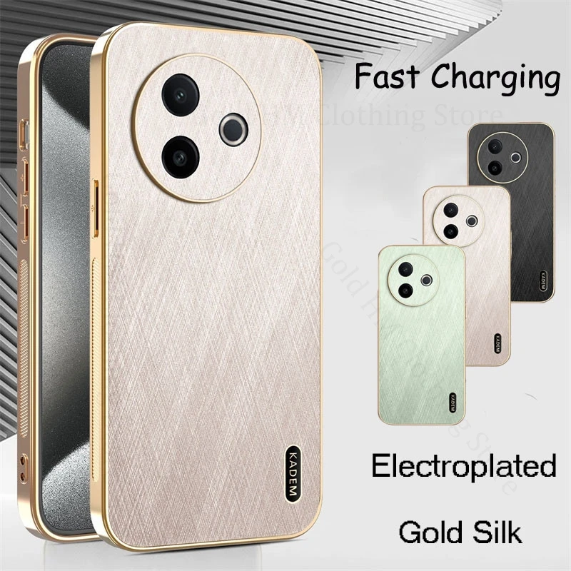 Fast Charger Gold Silk Texture Leather Phone Case For vivo Y300i Y300 Pro Plus Y200 Y78 Y100 Plus 6D Plating Electroplated Cover