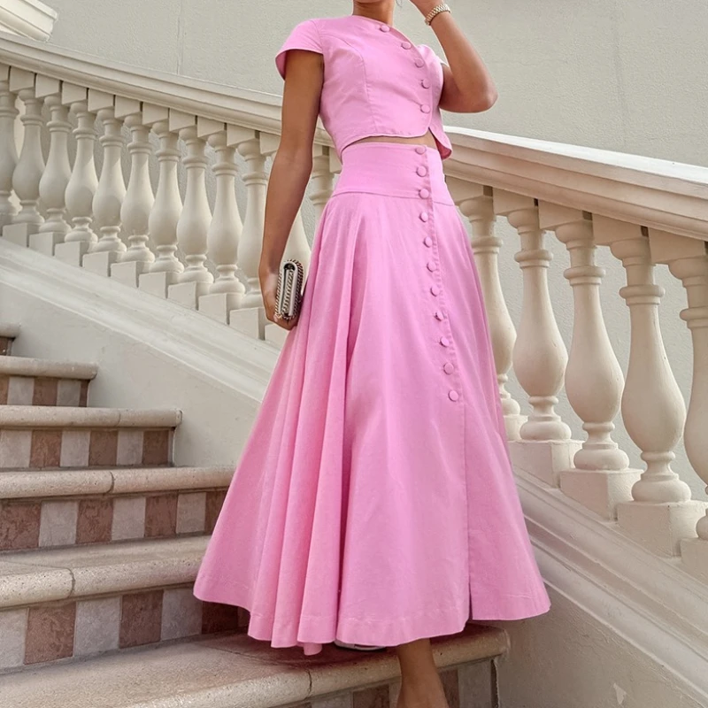 French Style Elegant A-line Long Skirt Set Women's Fashion Small Fragrance Pink Top Skirt Two-piece Set Women's Clothing view 5