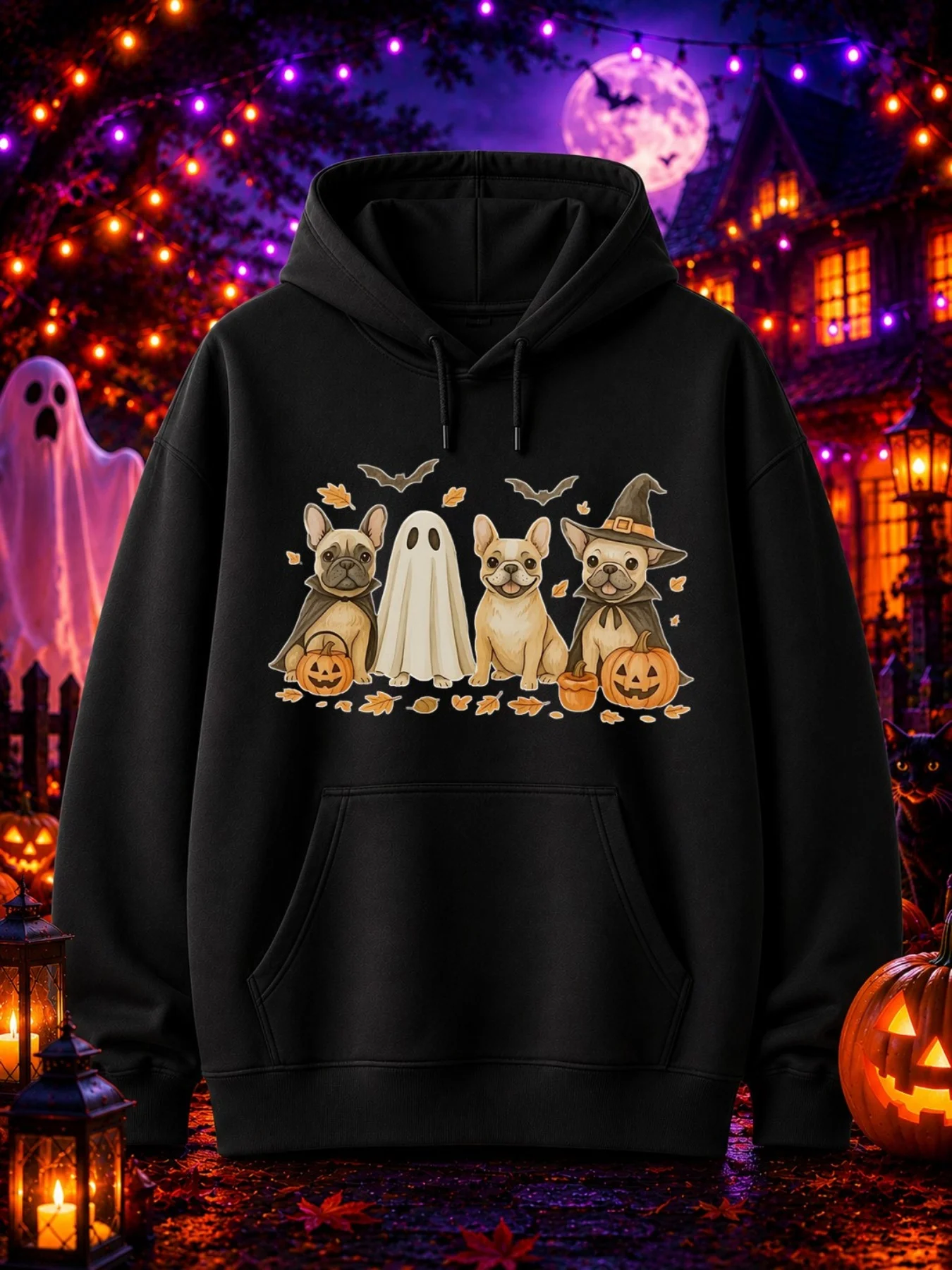 Halloween Men's Sweatshirt with Halloween-Themed Prints Featuring a French Bulldog Ghost, Bats, Halloween Lights, and Autumn Leaves