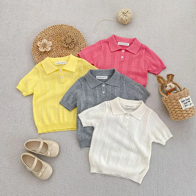 Summer Kids Polo Shirts  Solid Color Knit Girls T-shirt Loose Ventilate Children Clothes Boys Leisure Tops 18M-8Y