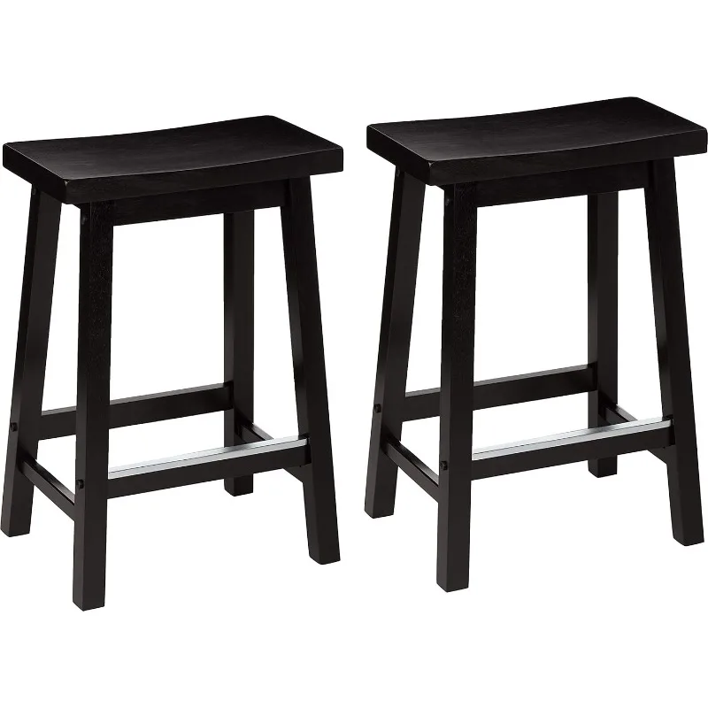 Solid Wood Saddle-Seat Counter-Height Kitchen Island BarStool, 24-Inch Height, Black - Set of 2