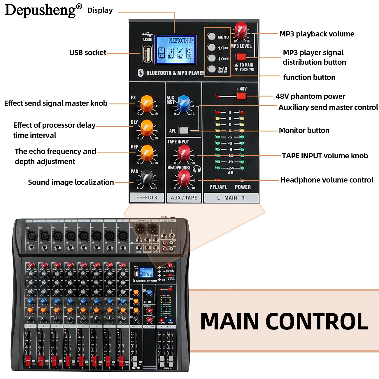 Professional 8-Channel Mixing Console DSP Effect USB Bluetooth Reverb Stage Performance Wedding Home Karaoke