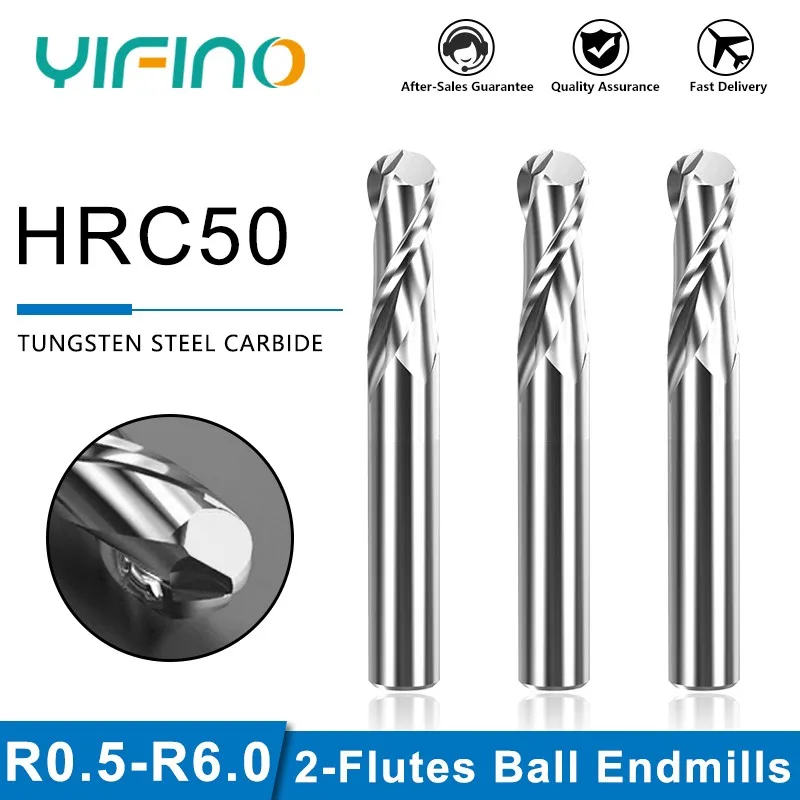 YIFINO HRC50 2-Flute Carboneto De Aço De Tungstênio Alumínio Bola Final Fresa CNC Usinagem Mecânica Carpintaria End Mill Ferramentas