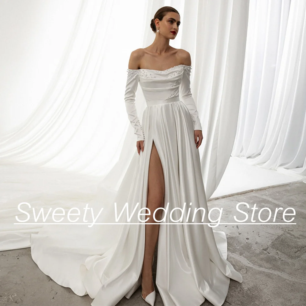 

Wedding Dress 2024 New Arrival Long Sleeves Boat Neck Pearl Slit Satin Bridal Gown Court Train A Line Bride Dresses for Woman