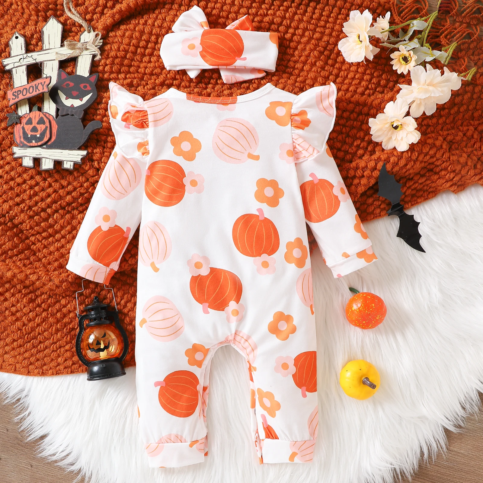 Autumn & Winter 0-18m Baby Halloween Ruffled Fly Sleeved Long Sleeved Pants Romper Crawling Jumpsuit