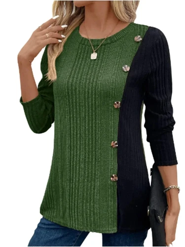 Imagen 2 del producto Camiseta de manga larga con cuello redondo y botones bloqueados de Color para mujer, Top informal cómodo para oficina diaria de otoño