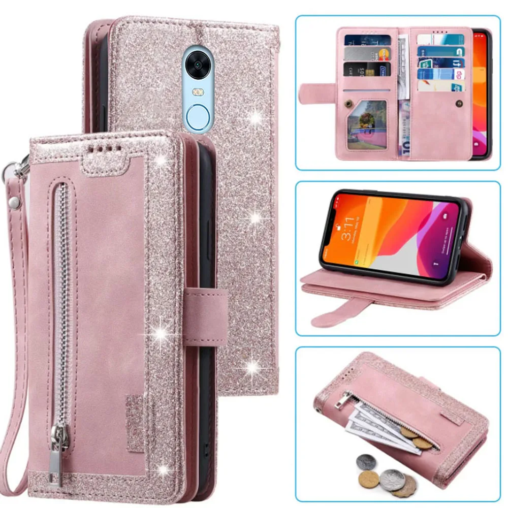 9 Cards Wallet Case for Redmi 5 Plus Phone Case Card Slot Zipper Flip Folio with Wrist Strap for Redmi Note 5 Leather Case image 6