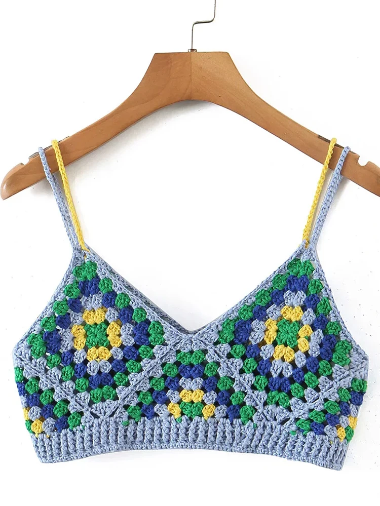 Gypsylady Boho Crochet Cropped Camis bez rękawów ręcznie robione na drutach wakacje lato Camis układ kwadratowy Chic Vintage Sexy kobiety topy