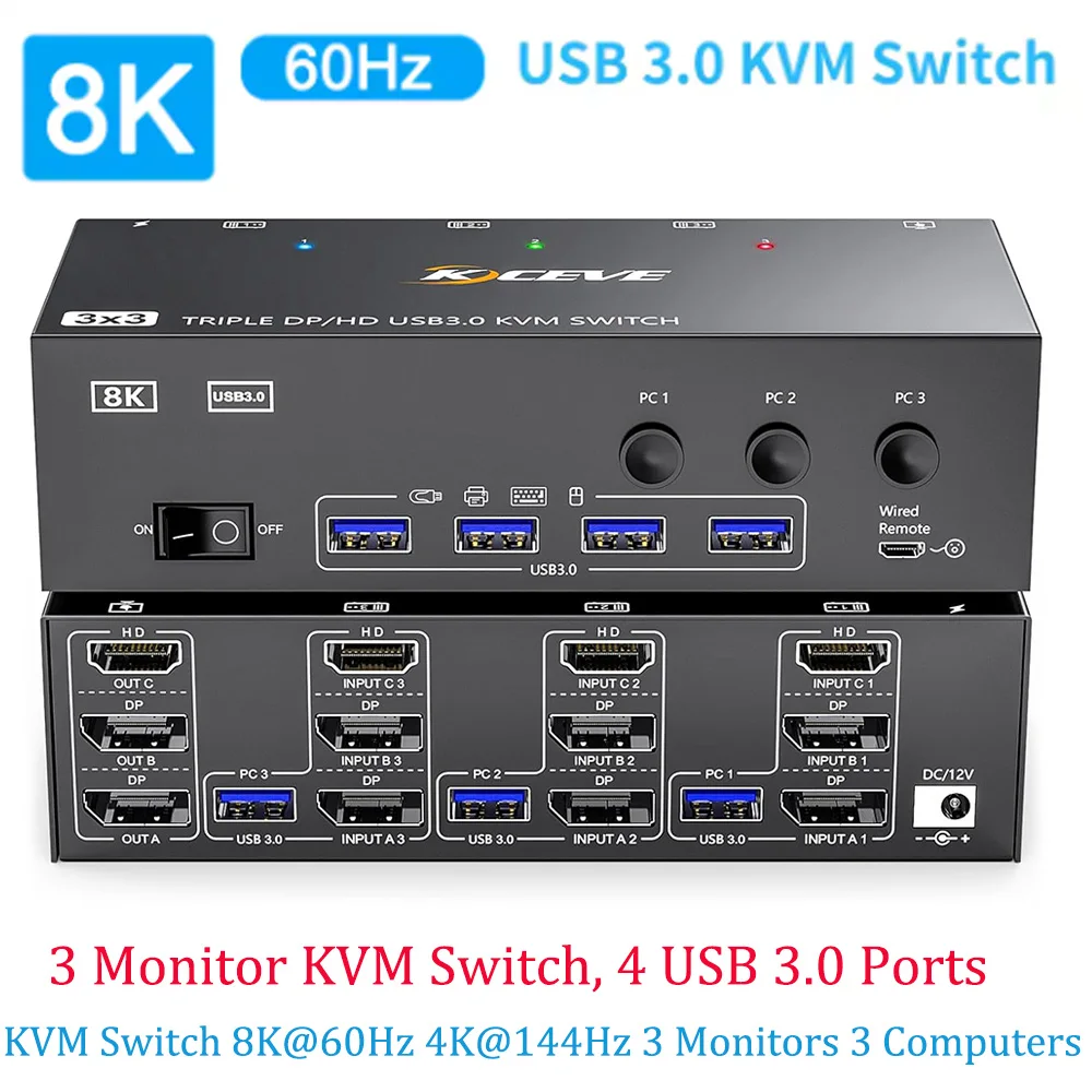 Switch KVM HDMI 8K - 3 Monitores 2 Computadores