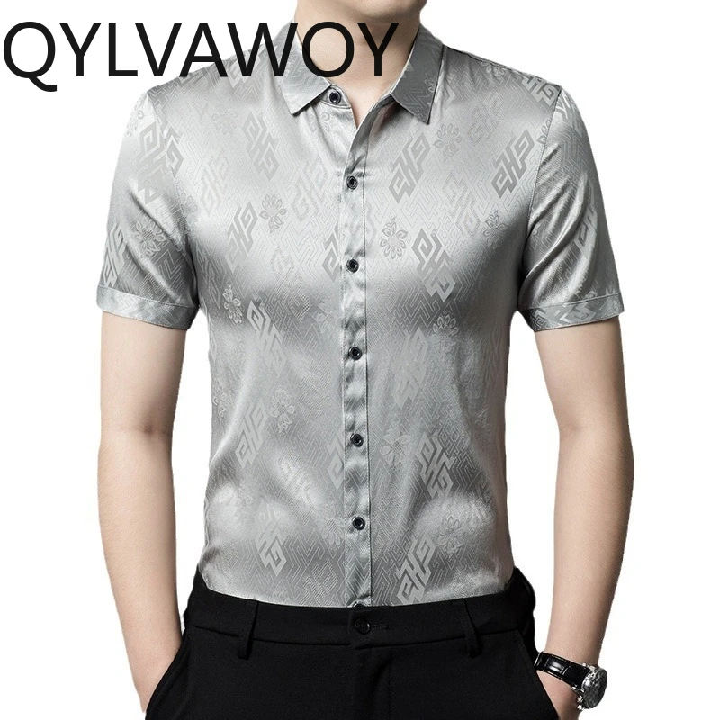 QYLVAWOY 92.5% Mulberry Silk Men's Shirts Short Sleeve Summer Shirts Heavyweight Shirts for Man Menswear Clothing Casual Tops
