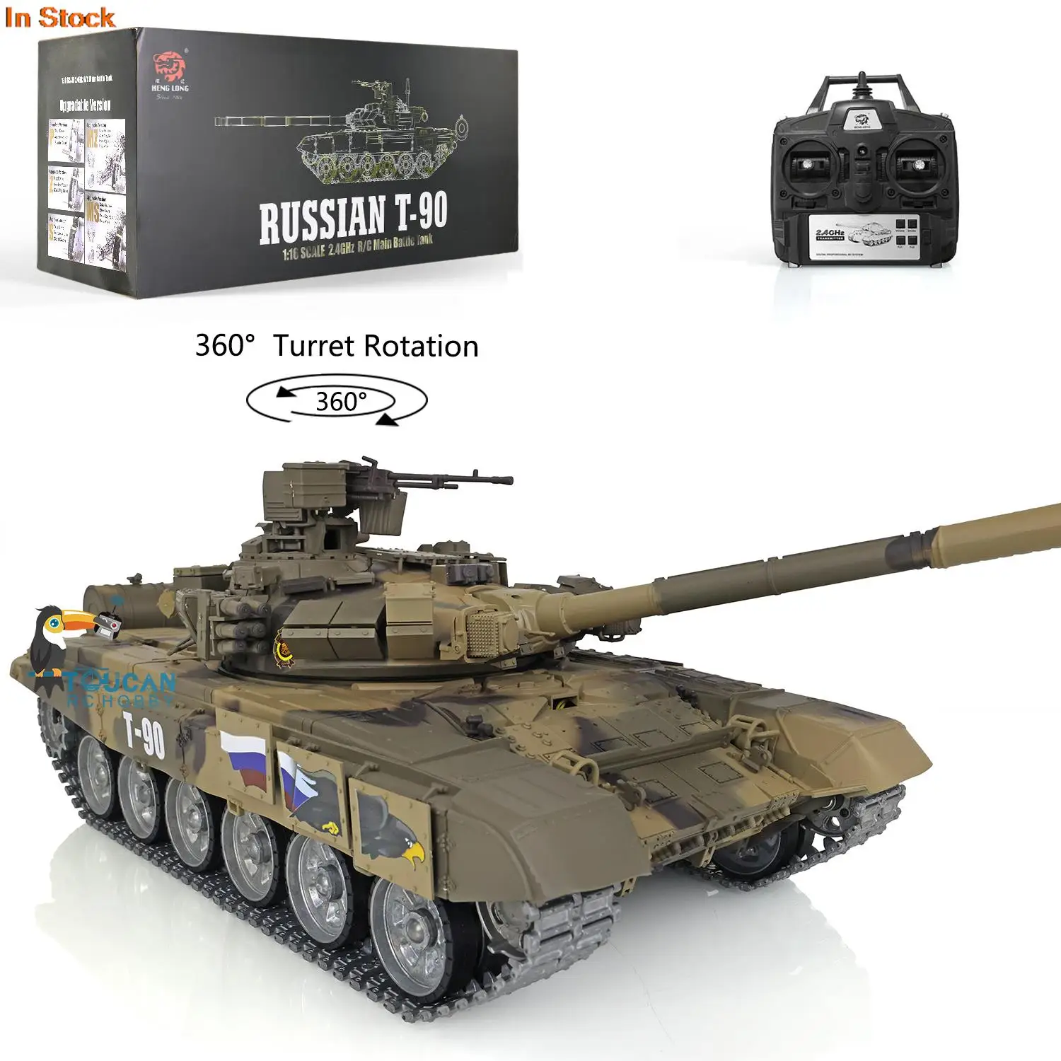 HENG LONG Toucan Professional Ver RC Tank 3938 1/16 7.0 Russia T90 RTR 360�� Turret Metal Tracks Red Eyes Smoke Effect TH17854