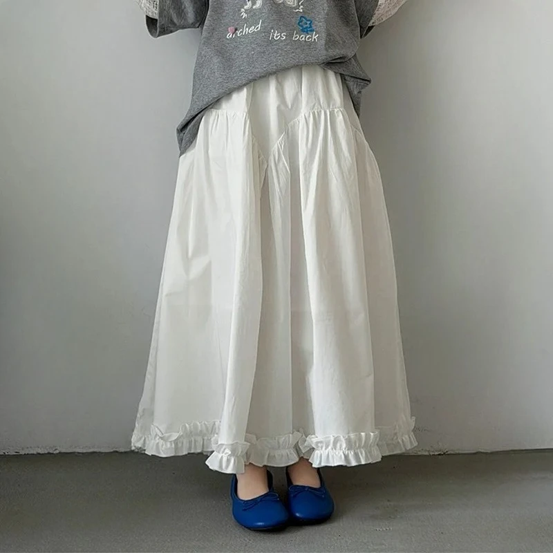 

Girls Skirt 2026 Spring New White Ruffle Hem Skirt Korean Fashion Kids Flounce Midi Skirt Children Casual Tiered Ruffle Bottom