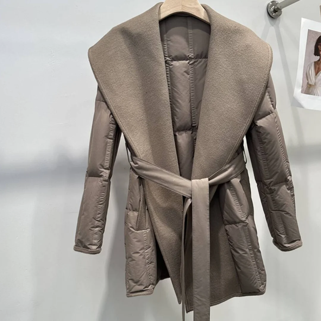 両面カシミヤコートとホワイトグースダウンジャケット、ウエストを強調するタイフロントダウンジャケット（女性用）