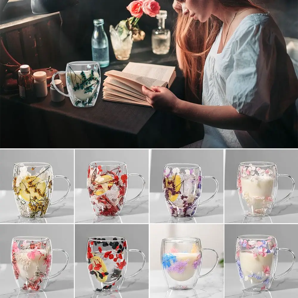 Dried Flowers Double Walled Coffee Mug 350ml Dried Flowers Glass Mugs Unique Creative Flower Mug with Handle Anti-Scalding Mug