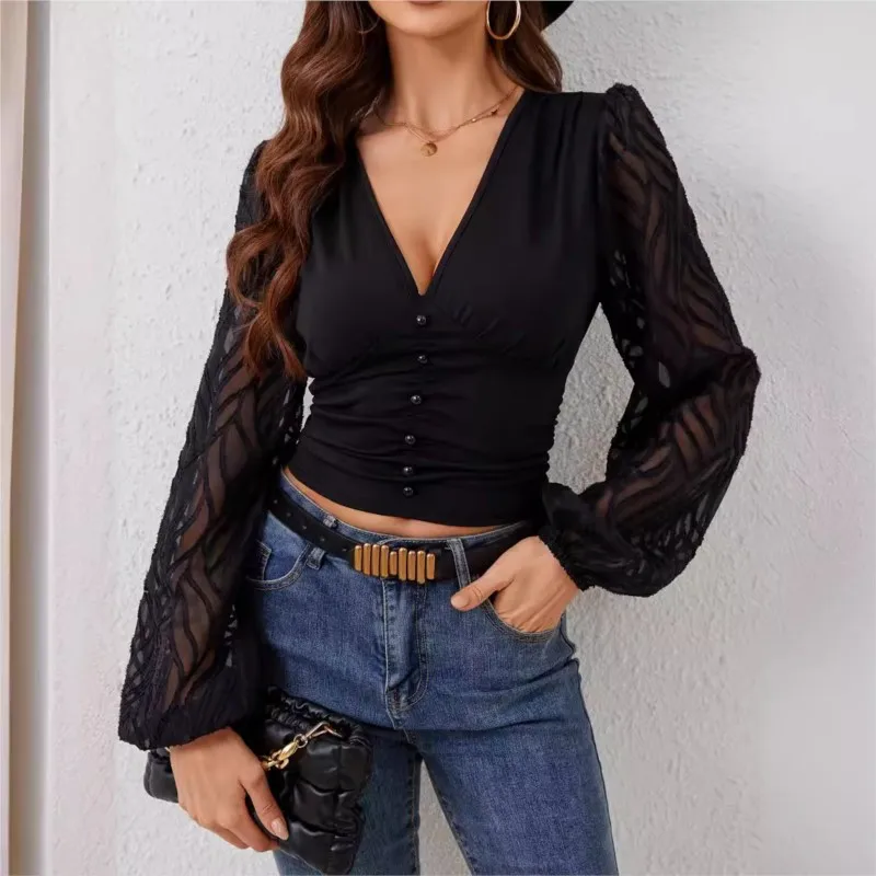 

Women Blouses Spring Summer Sexy Chiffon Lantern Sleeve Patchwork Pleated Waist V-neck Long Sleeved Shirts Slimming Casual Top