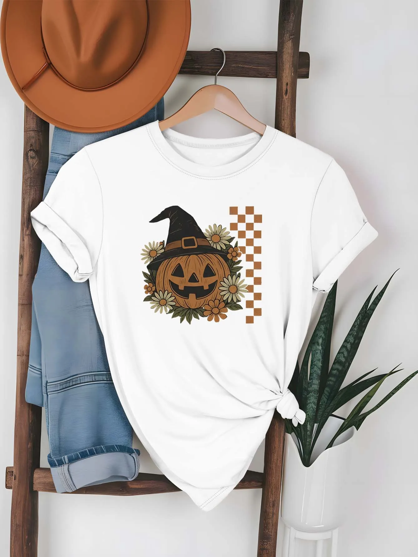 

Plus Size Fashion Forward Garment Featuring Witch Hat Pumpkin Design And Daisy Decor For Autumn Holiday Vibes