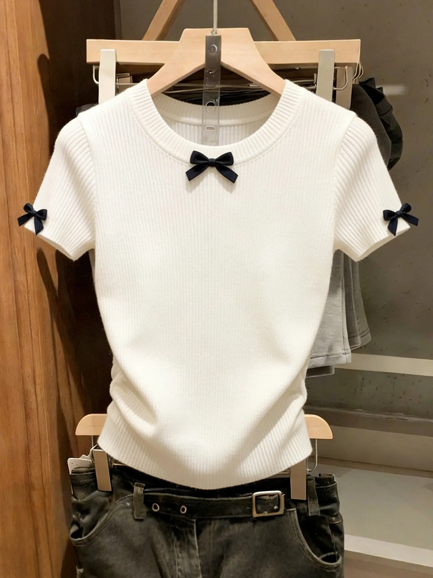 

White Knot Short Sleeve round Neck Knitted T-Shirt Women's Spring Summer Slimming Versatile Comfortable Breathable