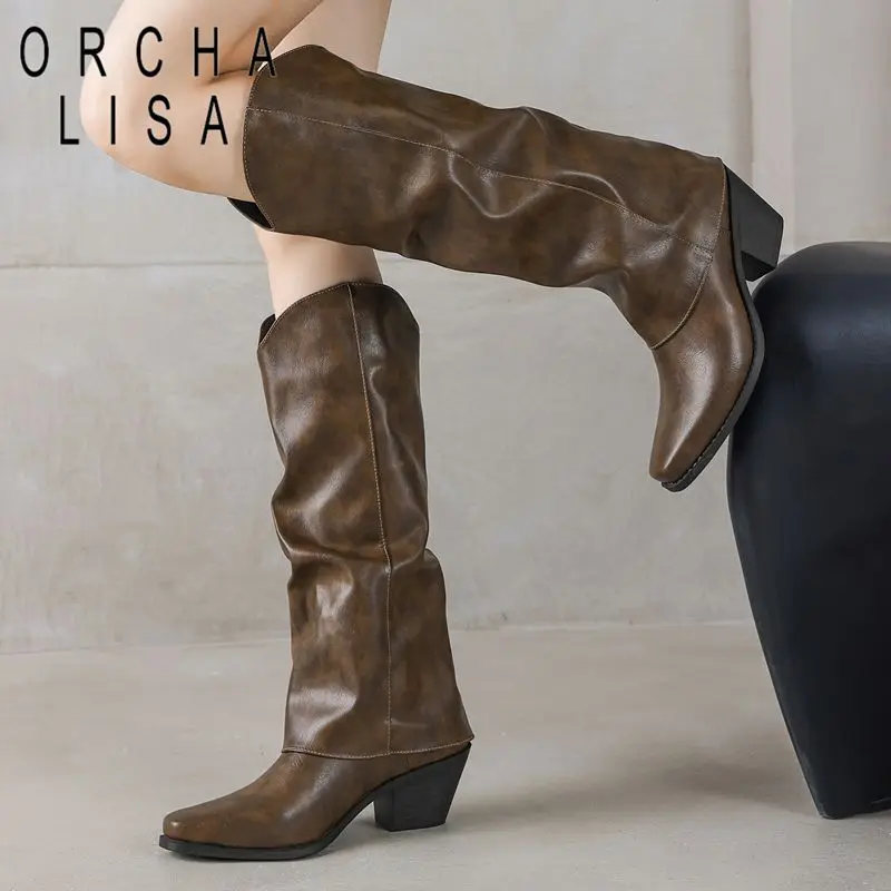 

ORCHA LISA Брендовые вневременные женские ботинки с квадратным носком на блочном каблуке 6,5 см, слипоны большого размера от 41 до 44, повседневные повседневные ботильоны до колена