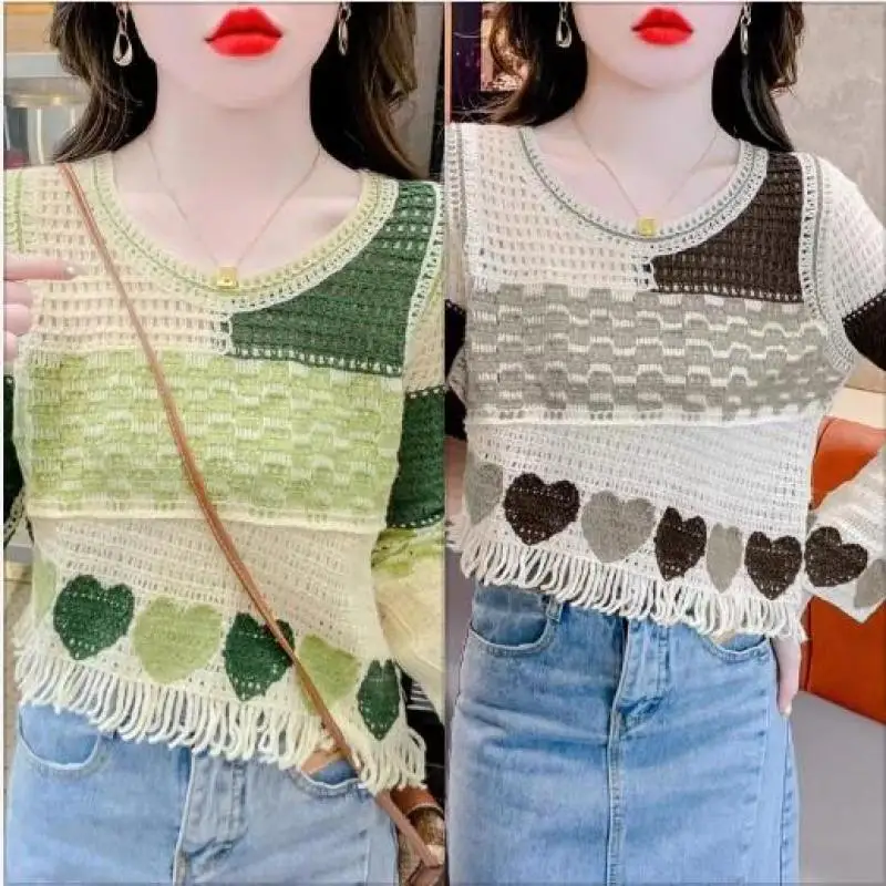 

Ethnic Style Woven Knitted Shirt Striped Hollow Out Tassel Irregular Hem Top